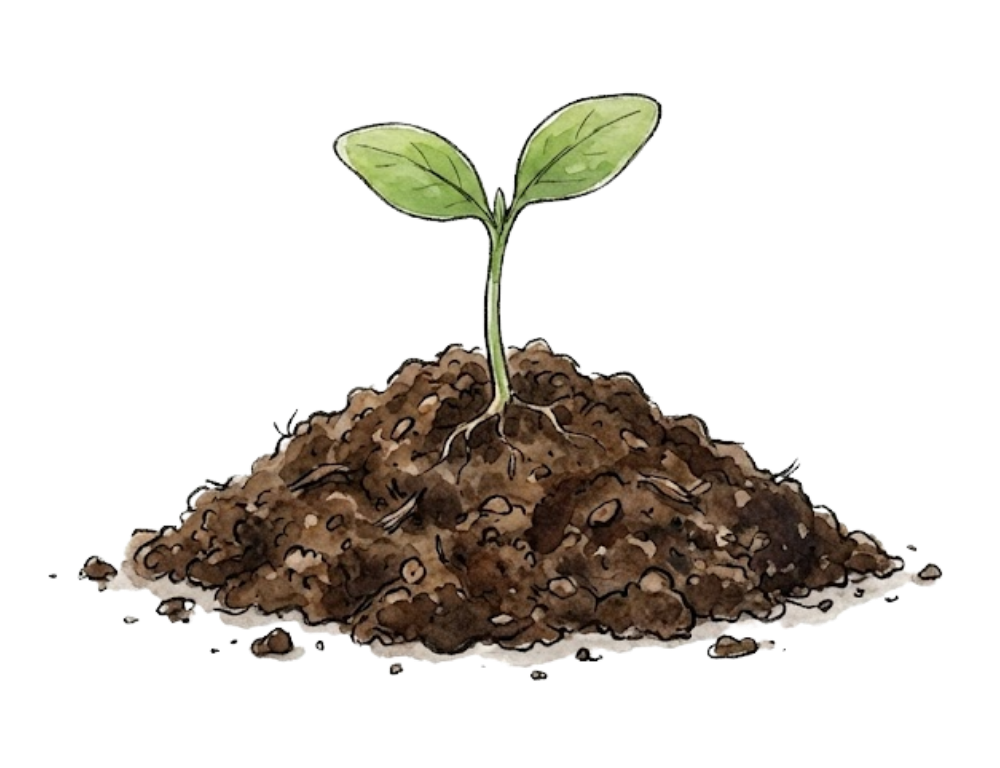 Hand-painted seedling growing from compost
